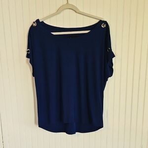 New Directions Blue Relaxed Cut Out Short Sleeve Blouse
